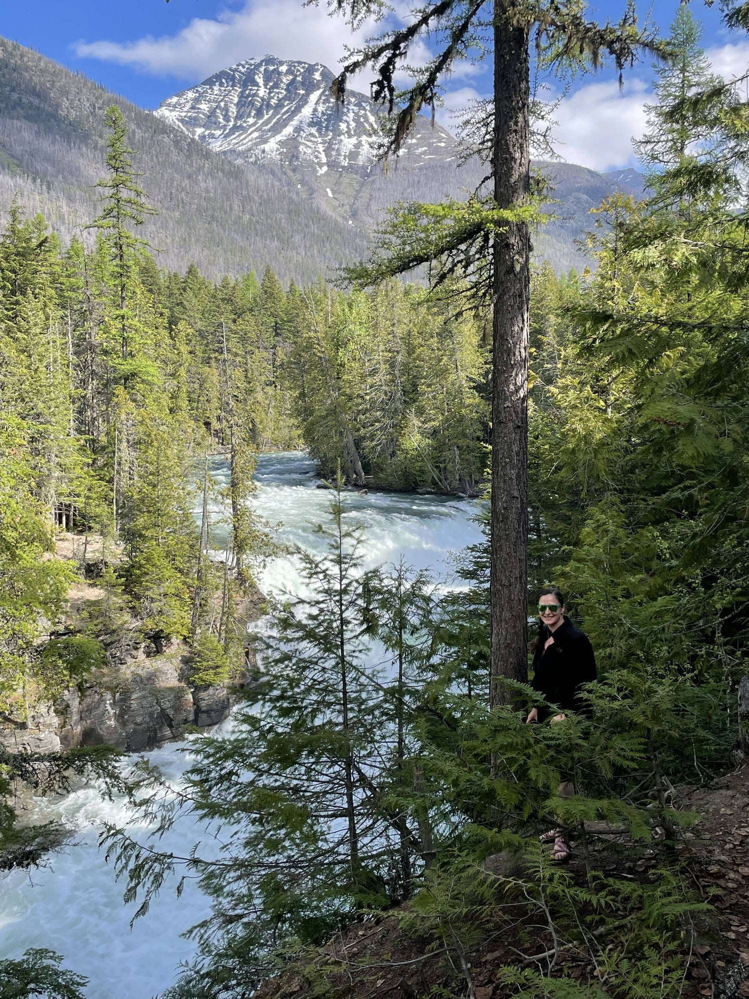 woman standing beside trees with mountain background